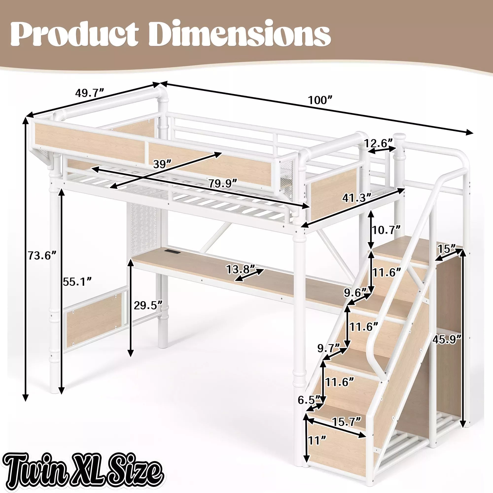 Bellemave® Full Size Loft Bed with Desk, LED Lights & Storage Stairs – Industrial Metal Frame with Built-in Wardrobe - Bellemave