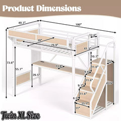 Bellemave® Full Size Loft Bed with Desk, LED Lights & Storage Stairs – Industrial Metal Frame with Built-in Wardrobe - Bellemave