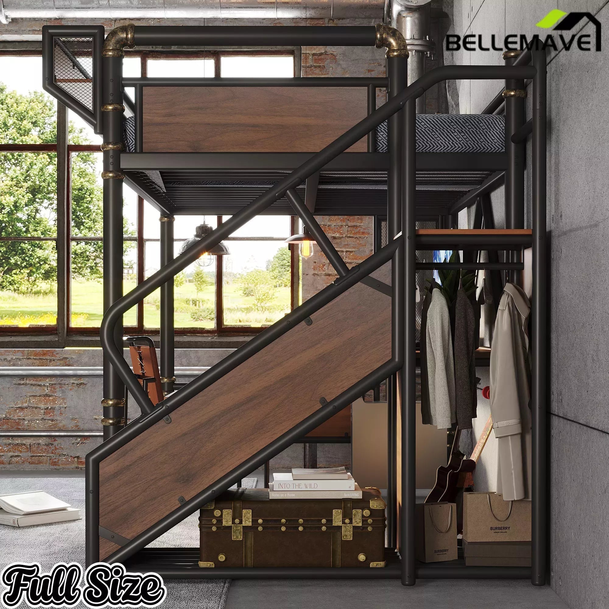 Bellemave® Full Size Loft Bed with Desk, LED Lights & Storage Stairs – Industrial Metal Frame with Built-in Wardrobe - Bellemave