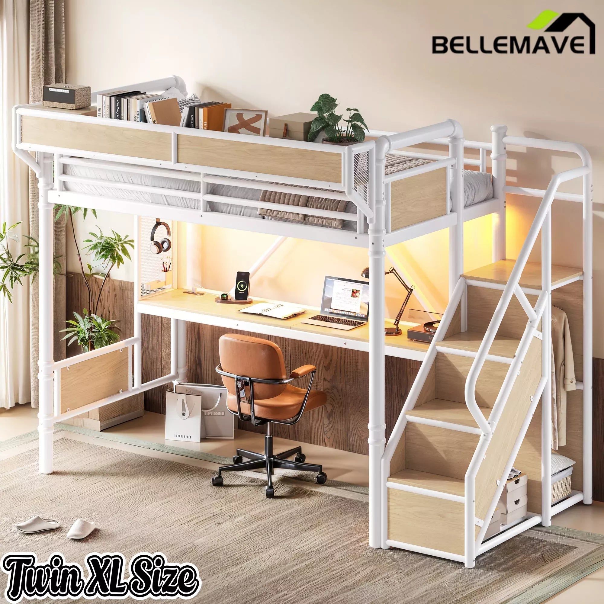 Bellemave® Full Size Loft Bed with Desk, LED Lights & Storage Stairs – Industrial Metal Frame with Built-in Wardrobe - Bellemave