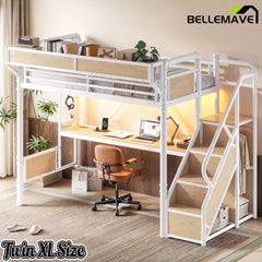 Bellemave® Full Size Loft Bed with Desk, LED Lights & Storage Stairs – Industrial Metal Frame with Built-in Wardrobe - Bellemave