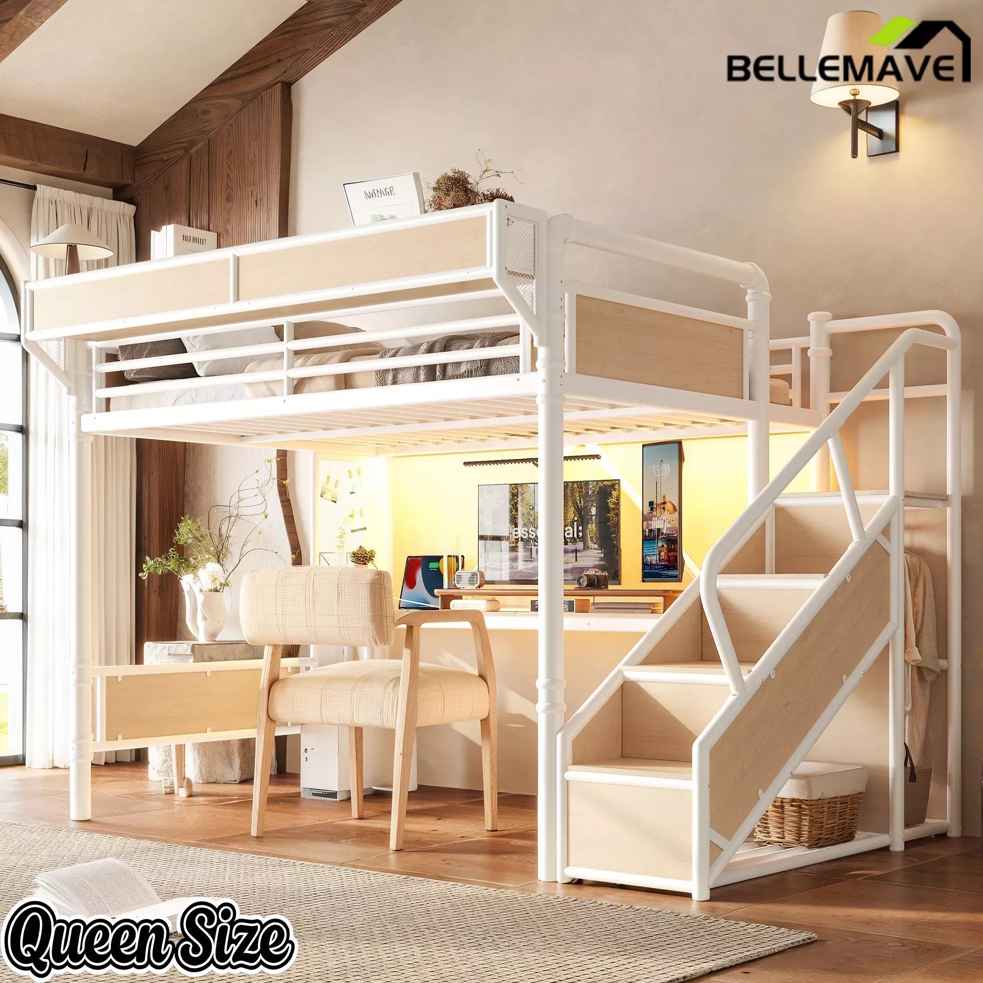 Bellemave® Full Size Loft Bed with Desk, LED Lights & Storage Stairs – Industrial Metal Frame with Built-in Wardrobe - Bellemave