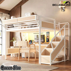 Bellemave® Full Size Loft Bed with Desk, LED Lights & Storage Stairs – Industrial Metal Frame with Built-in Wardrobe - Bellemave