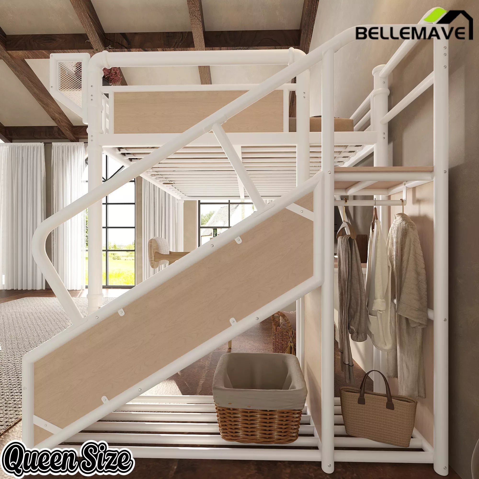 Bellemave® Full Size Loft Bed with Desk, LED Lights & Storage Stairs – Industrial Metal Frame with Built-in Wardrobe - Bellemave