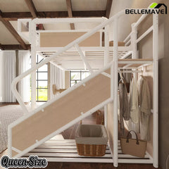 Bellemave® Full Size Loft Bed with Desk, LED Lights & Storage Stairs – Industrial Metal Frame with Built-in Wardrobe - Bellemave