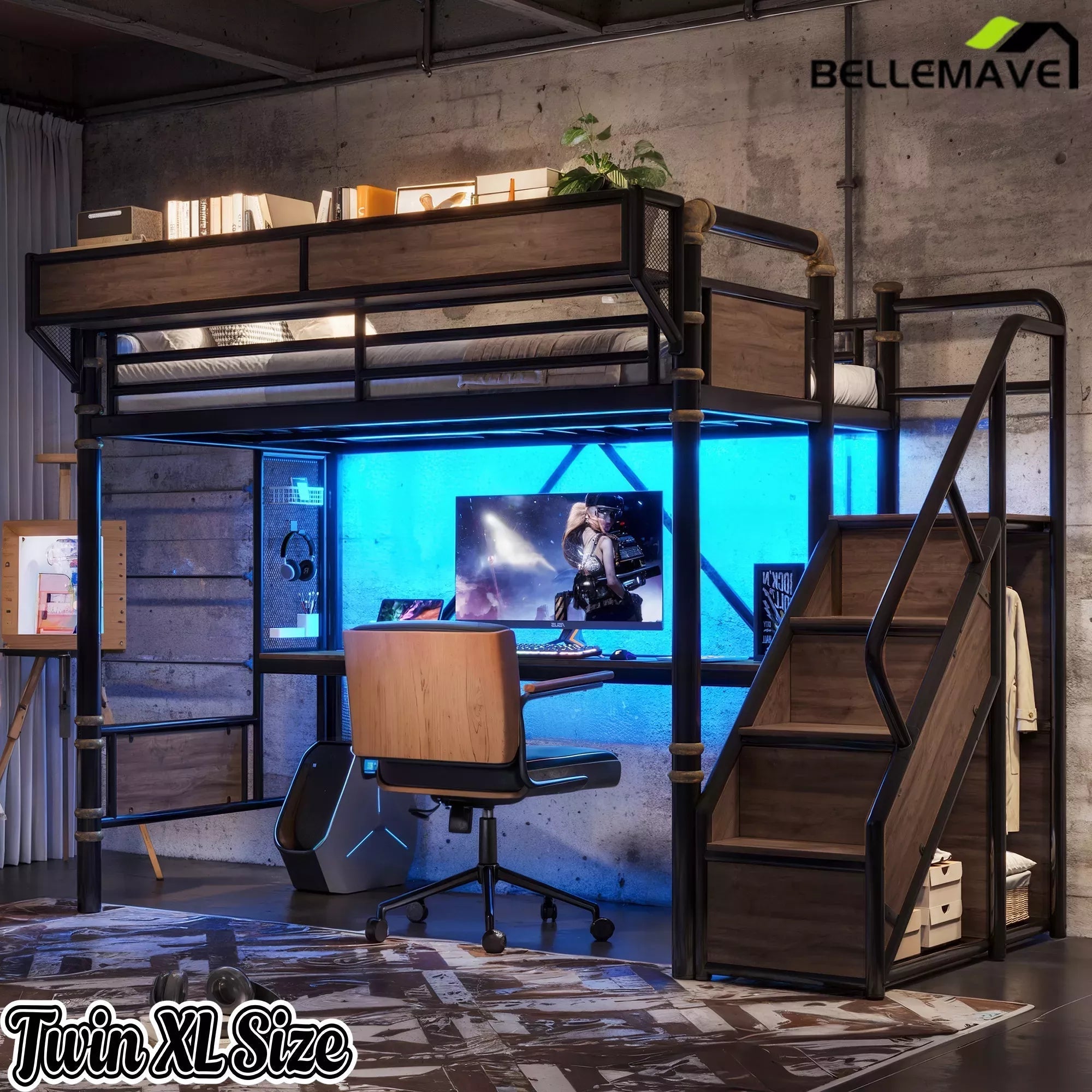 Bellemave® Full Size Loft Bed with Desk, LED Lights & Storage Stairs – Industrial Metal Frame with Built-in Wardrobe - Bellemave