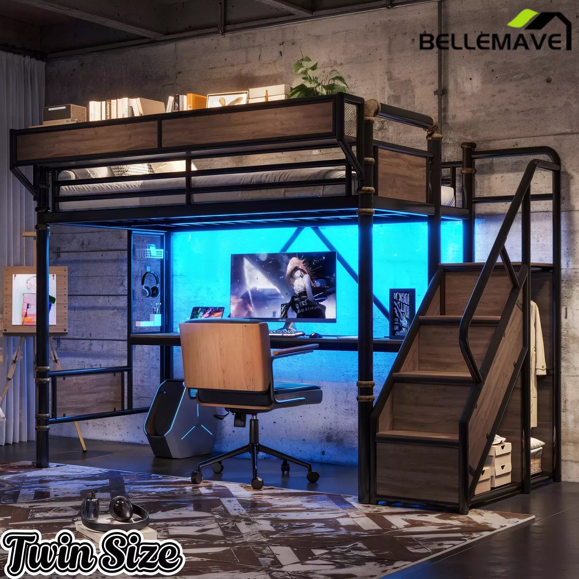 Bellemave® Full Size Loft Bed with Desk, LED Lights & Storage Stairs – Industrial Metal Frame with Built-in Wardrobe - Bellemave