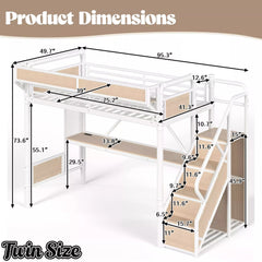 Bellemave® Full Size Loft Bed with Desk, LED Lights & Storage Stairs – Industrial Metal Frame with Built-in Wardrobe - Bellemave