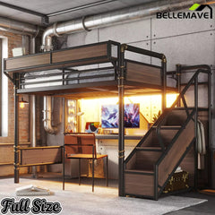 Bellemave® Full Size Loft Bed with Desk, LED Lights & Storage Stairs – Industrial Metal Frame with Built-in Wardrobe - Bellemave