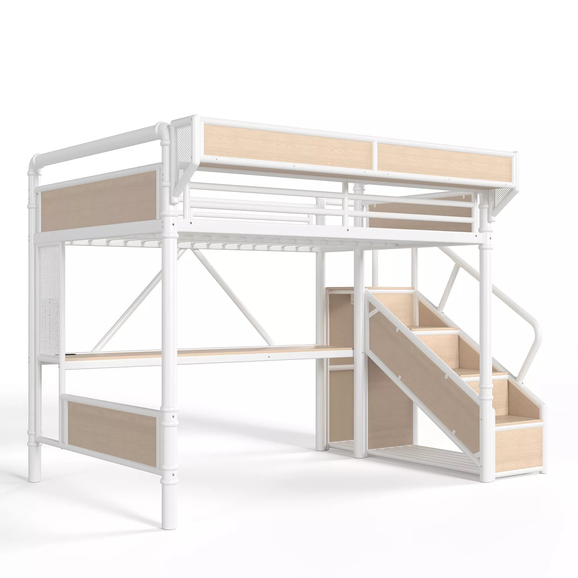 Bellemave® Full Size Loft Bed with Desk, LED Lights & Storage Stairs – Industrial Metal Frame with Built-in Wardrobe - Bellemave