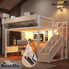 Bellemave® Full Size Loft Bed with Desk, LED Lights & Storage Stairs – Industrial Metal Frame with Built-in Wardrobe - Bellemave
