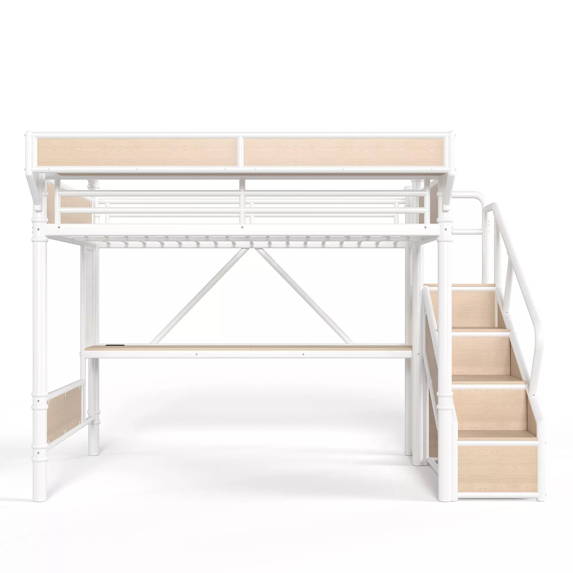 Bellemave® Full Size Loft Bed with Desk, LED Lights & Storage Stairs – Industrial Metal Frame with Built-in Wardrobe - Bellemave