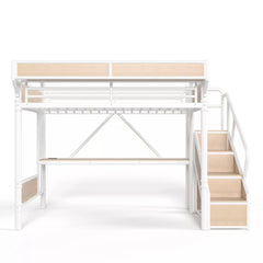 Bellemave® Full Size Loft Bed with Desk, LED Lights & Storage Stairs – Industrial Metal Frame with Built-in Wardrobe - Bellemave