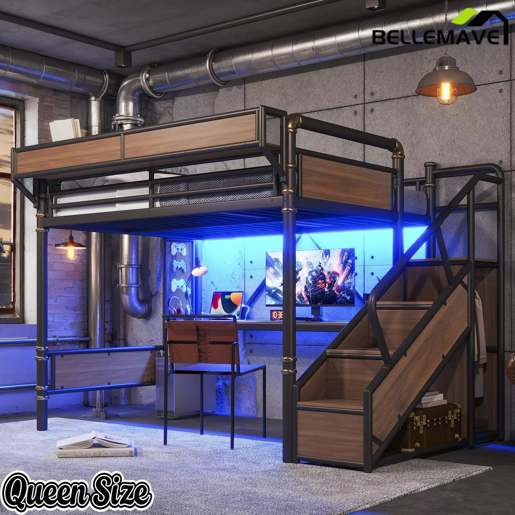 Bellemave® Full Size Loft Bed with Desk, LED Lights & Storage Stairs – Industrial Metal Frame with Built-in Wardrobe - Bellemave