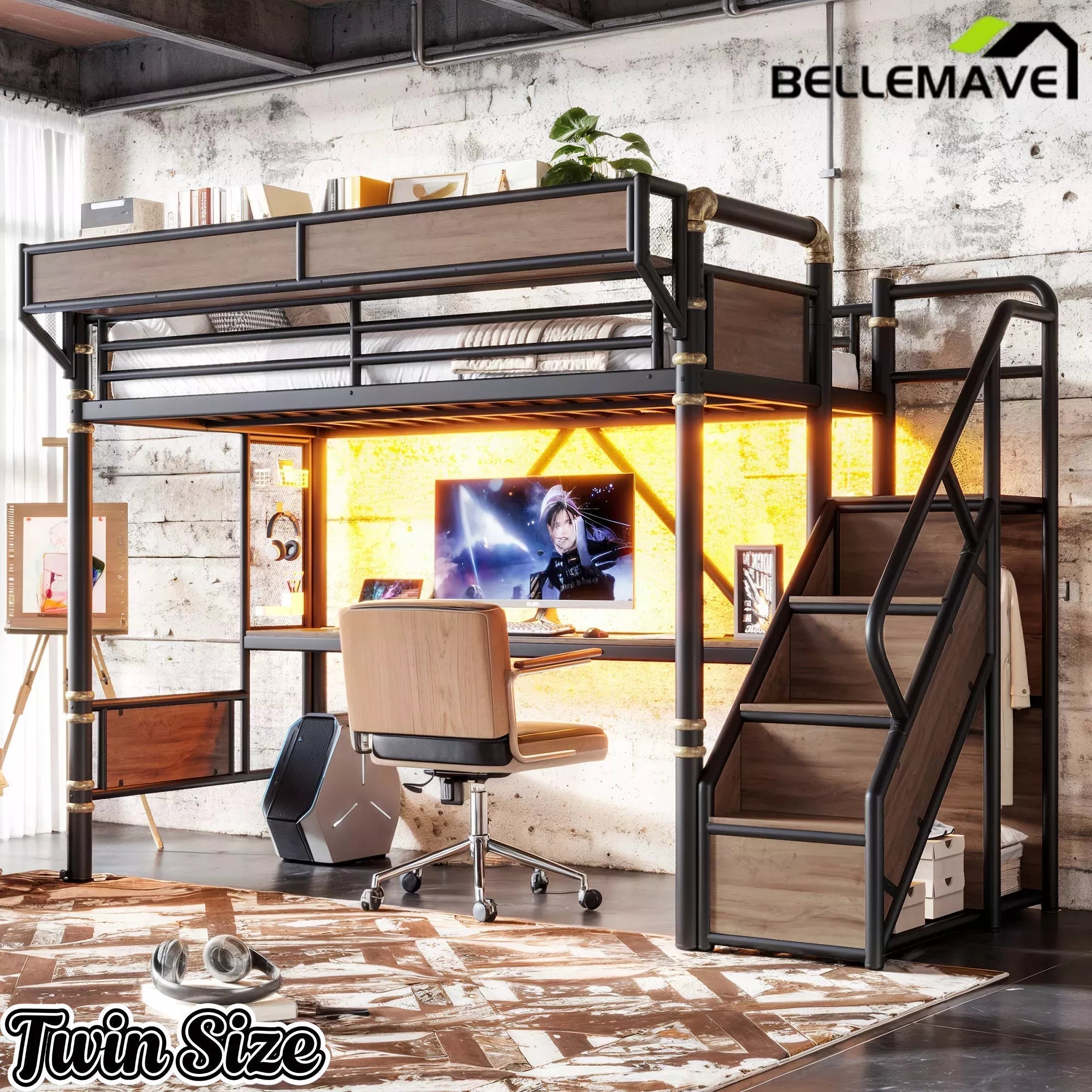 Bellemave® Full Size Loft Bed with Desk, LED Lights & Storage Stairs – Industrial Metal Frame with Built-in Wardrobe - Bellemave