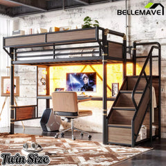 Bellemave® Full Size Loft Bed with Desk, LED Lights & Storage Stairs – Industrial Metal Frame with Built-in Wardrobe - Bellemave