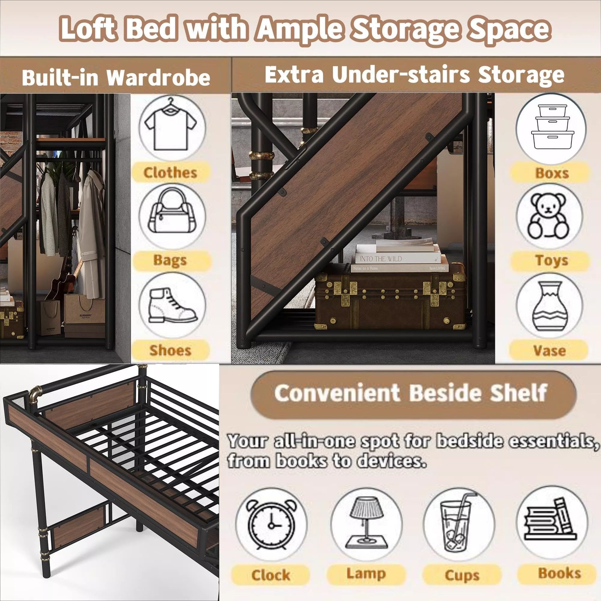 Bellemave® Full Size Loft Bed with Desk, LED Lights & Storage Stairs – Industrial Metal Frame with Built-in Wardrobe - Bellemave