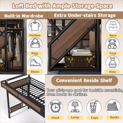 Bellemave® Full Size Loft Bed with Desk, LED Lights & Storage Stairs – Industrial Metal Frame with Built-in Wardrobe - Bellemave