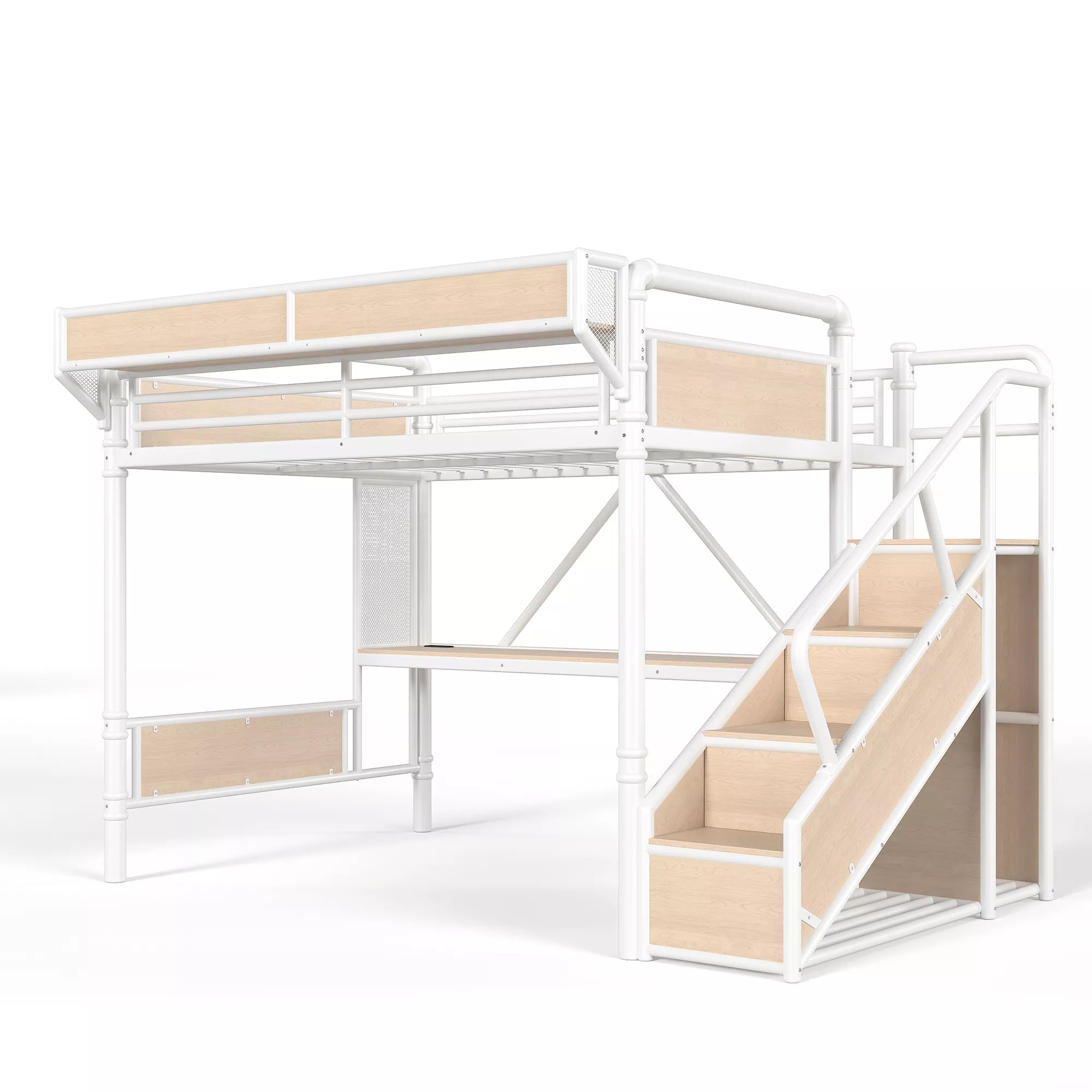 Bellemave® Full Size Loft Bed with Desk, LED Lights & Storage Stairs – Industrial Metal Frame with Built-in Wardrobe - Bellemave