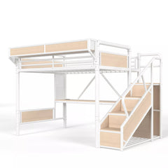 Bellemave® Full Size Loft Bed with Desk, LED Lights & Storage Stairs – Industrial Metal Frame with Built-in Wardrobe - Bellemave