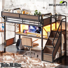 Bellemave® Full Size Loft Bed with Desk, LED Lights & Storage Stairs – Industrial Metal Frame with Built-in Wardrobe - Bellemave