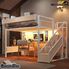 Bellemave® Full Size Loft Bed with Desk, LED Lights & Storage Stairs – Industrial Metal Frame with Built-in Wardrobe - Bellemave