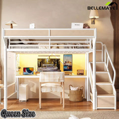 Bellemave® Full Size Loft Bed with Desk, LED Lights & Storage Stairs – Industrial Metal Frame with Built-in Wardrobe - Bellemave