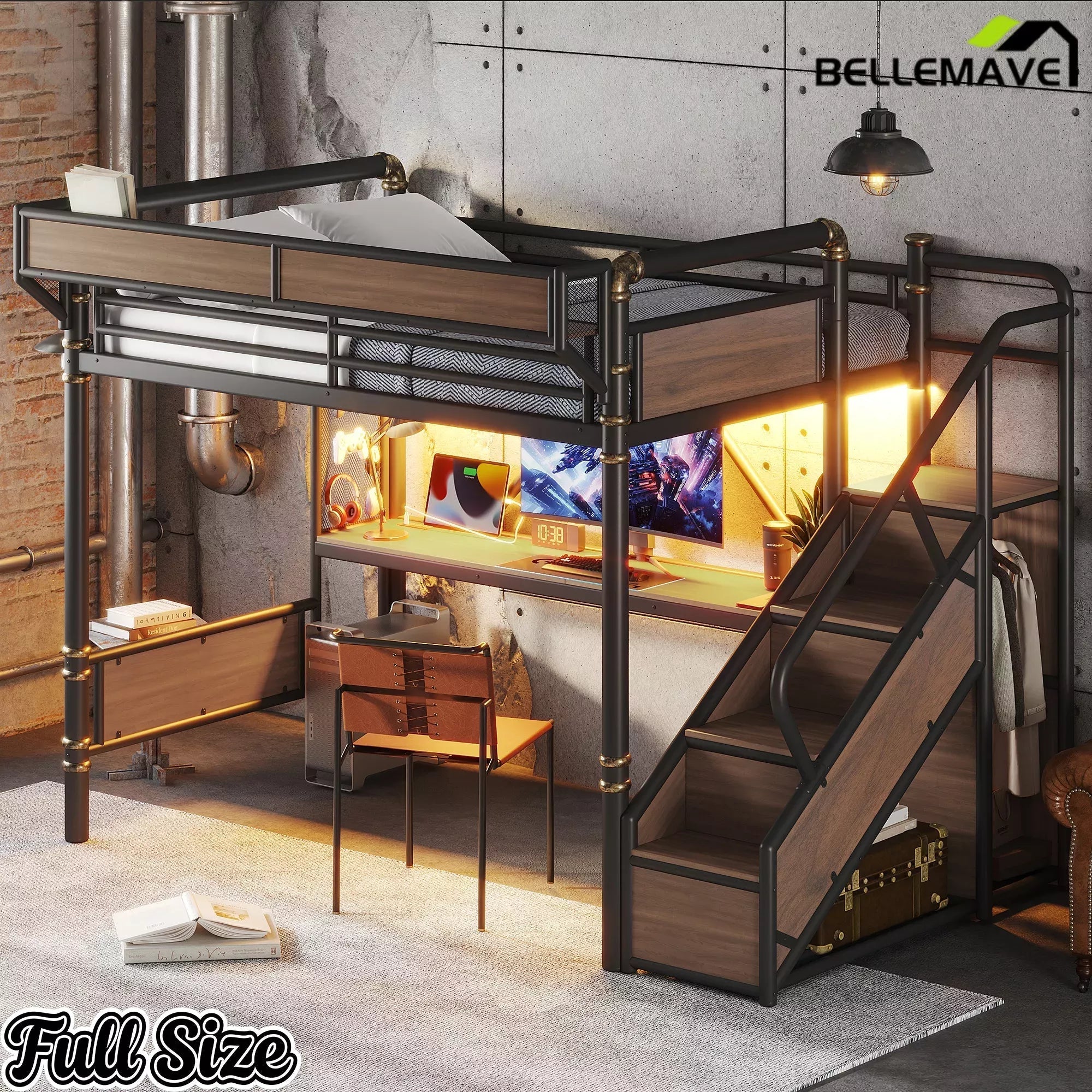 Bellemave® Full Size Loft Bed with Desk, LED Lights & Storage Stairs – Industrial Metal Frame with Built-in Wardrobe - Bellemave