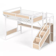 Bellemave® Full Size Loft Bed with Desk, LED Lights & Storage Stairs – Industrial Metal Frame with Built-in Wardrobe - Bellemave