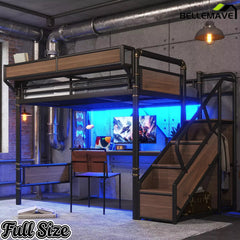 Bellemave® Full Size Loft Bed with Desk, LED Lights & Storage Stairs – Industrial Metal Frame with Built-in Wardrobe - Bellemave