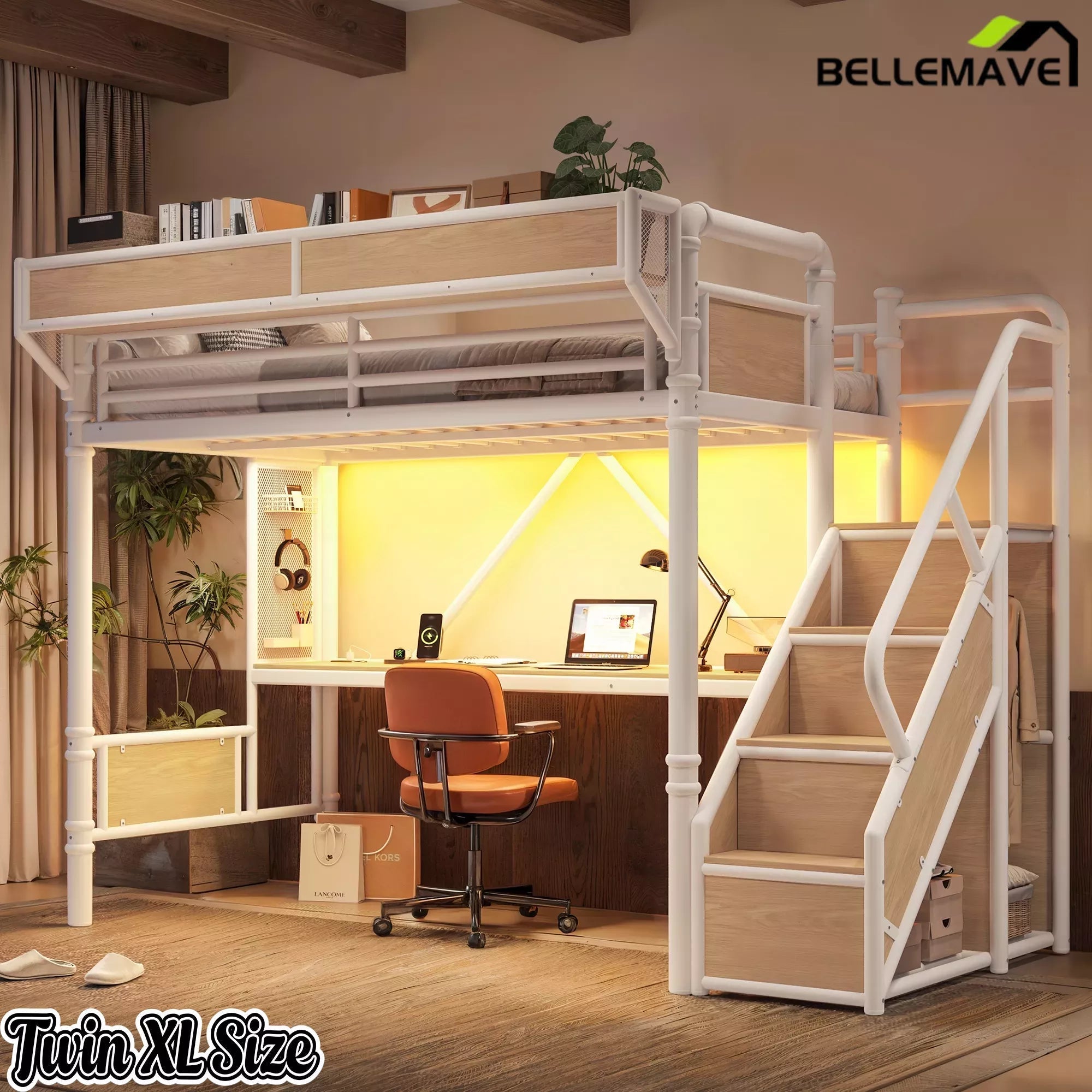Bellemave® Full Size Loft Bed with Desk, LED Lights & Storage Stairs – Industrial Metal Frame with Built-in Wardrobe - Bellemave