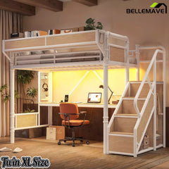 Bellemave® Full Size Loft Bed with Desk, LED Lights & Storage Stairs – Industrial Metal Frame with Built-in Wardrobe - Bellemave