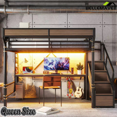 Bellemave® Full Size Loft Bed with Desk, LED Lights & Storage Stairs – Industrial Metal Frame with Built-in Wardrobe - Bellemave