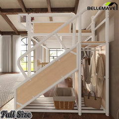 Bellemave® Full Size Loft Bed with Desk, LED Lights & Storage Stairs – Industrial Metal Frame with Built-in Wardrobe - Bellemave