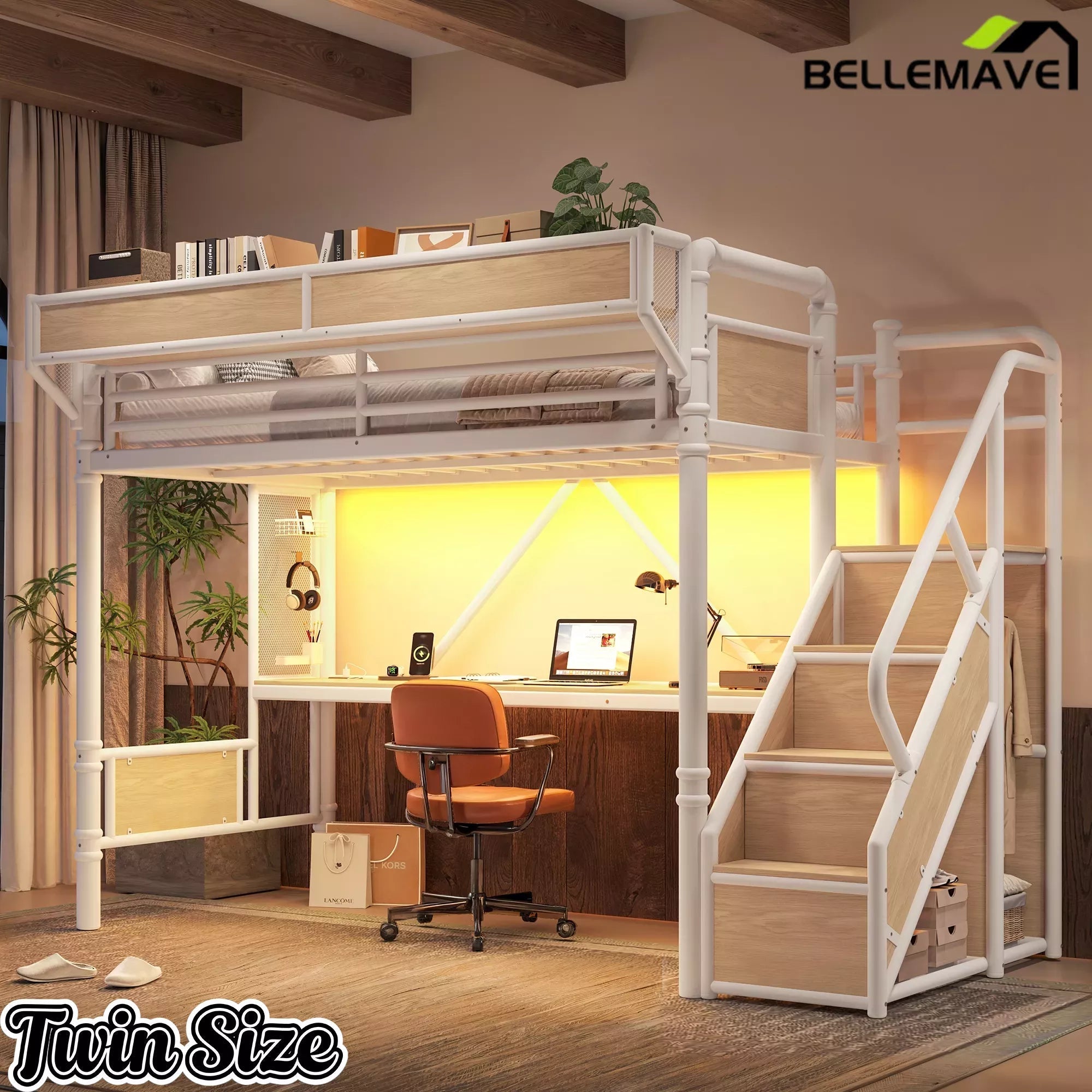 Bellemave® Full Size Loft Bed with Desk, LED Lights & Storage Stairs – Industrial Metal Frame with Built-in Wardrobe - Bellemave