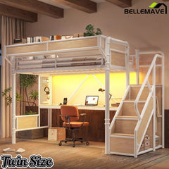 Bellemave® Full Size Loft Bed with Desk, LED Lights & Storage Stairs – Industrial Metal Frame with Built-in Wardrobe - Bellemave