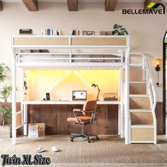 Bellemave® Full Size Loft Bed with Desk, LED Lights & Storage Stairs – Industrial Metal Frame with Built-in Wardrobe - Bellemave