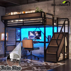 Bellemave® Full Size Loft Bed with Desk, LED Lights & Storage Stairs – Industrial Metal Frame with Built-in Wardrobe - Bellemave