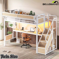Bellemave® Full Size Loft Bed with Desk, LED Lights & Storage Stairs – Industrial Metal Frame with Built-in Wardrobe - Bellemave