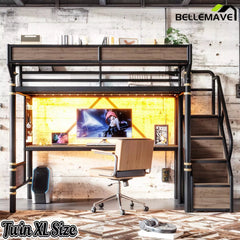 Bellemave® Full Size Loft Bed with Desk, LED Lights & Storage Stairs – Industrial Metal Frame with Built-in Wardrobe - Bellemave