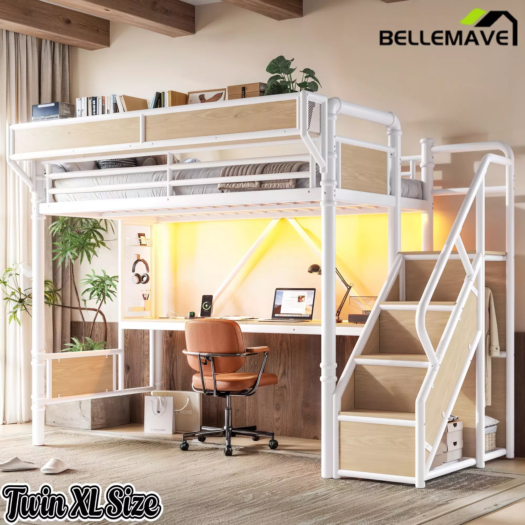 Bellemave® Full Size Loft Bed with Desk, LED Lights & Storage Stairs – Industrial Metal Frame with Built-in Wardrobe - Bellemave