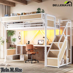 Bellemave® Full Size Loft Bed with Desk, LED Lights & Storage Stairs – Industrial Metal Frame with Built-in Wardrobe - Bellemave