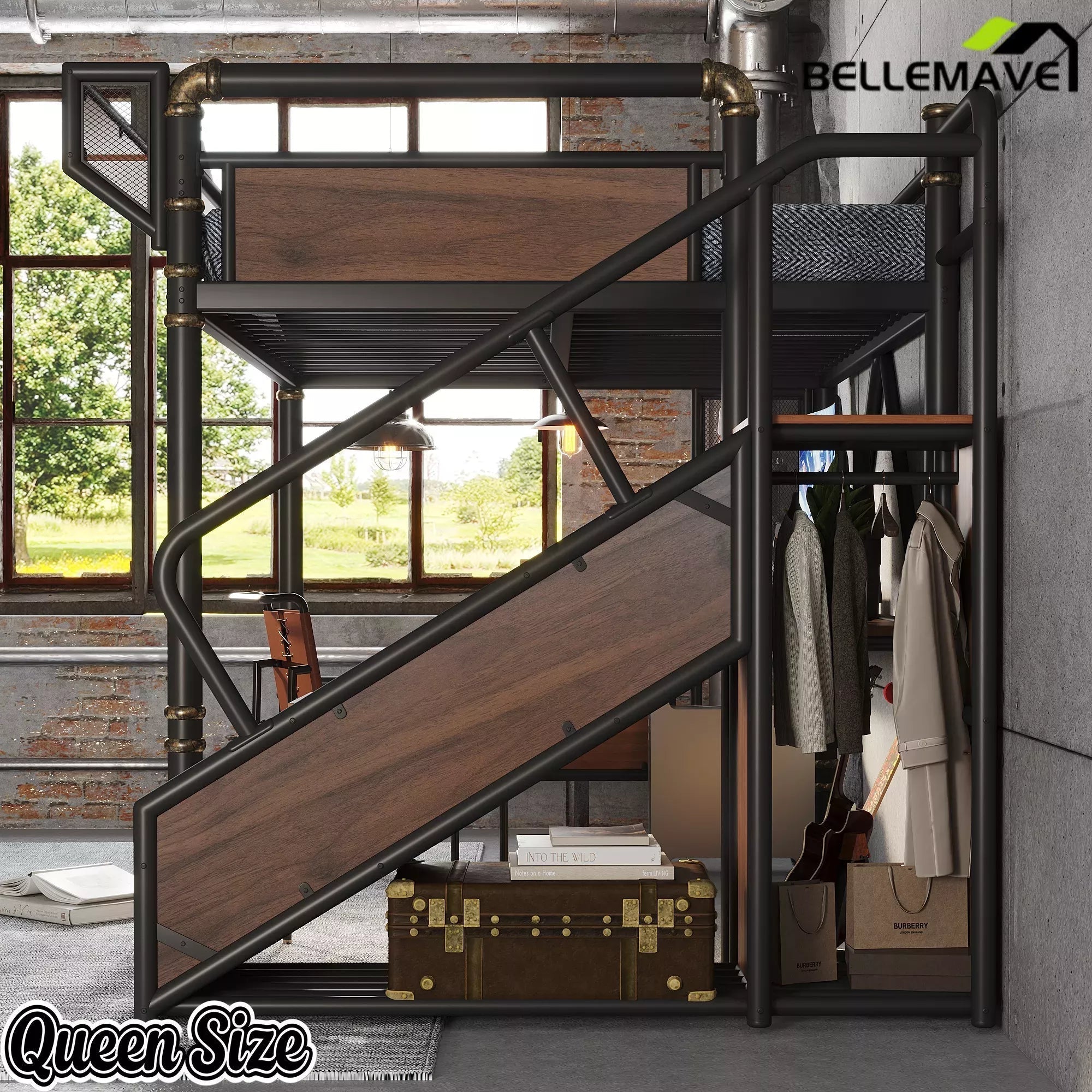Bellemave® Full Size Loft Bed with Desk, LED Lights & Storage Stairs – Industrial Metal Frame with Built-in Wardrobe - Bellemave
