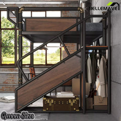Bellemave® Full Size Loft Bed with Desk, LED Lights & Storage Stairs – Industrial Metal Frame with Built-in Wardrobe - Bellemave