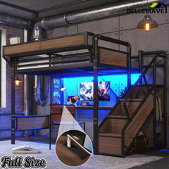 Bellemave® Full Size Loft Bed with Desk, LED Lights & Storage Stairs – Industrial Metal Frame with Built-in Wardrobe - Bellemave