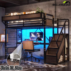 Bellemave® Full Size Loft Bed with Desk, LED Lights & Storage Stairs – Industrial Metal Frame with Built-in Wardrobe - Bellemave