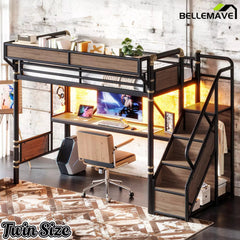 Bellemave® Full Size Loft Bed with Desk, LED Lights & Storage Stairs – Industrial Metal Frame with Built-in Wardrobe - Bellemave