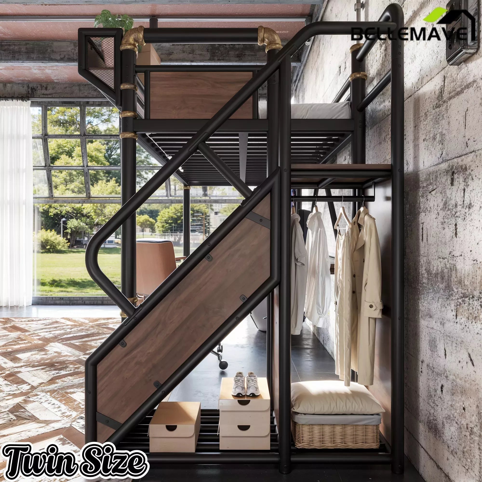 Bellemave® Full Size Loft Bed with Desk, LED Lights & Storage Stairs – Industrial Metal Frame with Built-in Wardrobe - Bellemave