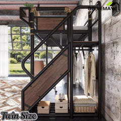 Bellemave® Full Size Loft Bed with Desk, LED Lights & Storage Stairs – Industrial Metal Frame with Built-in Wardrobe - Bellemave