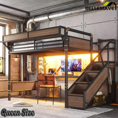 Bellemave® Full Size Loft Bed with Desk, LED Lights & Storage Stairs – Industrial Metal Frame with Built-in Wardrobe - Bellemave